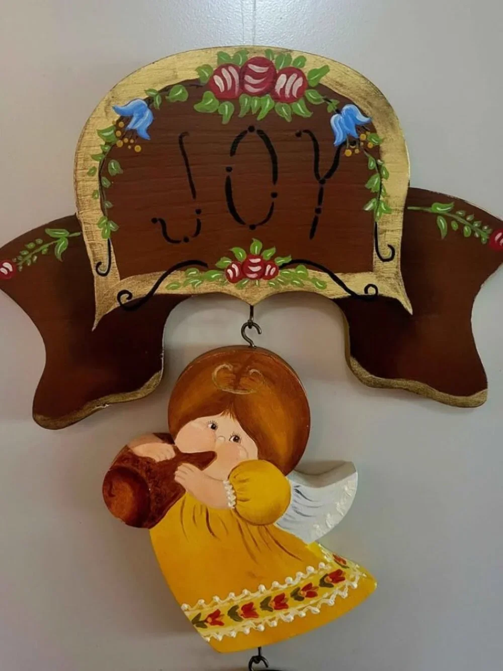 Vintage Hand Painted Rustic Folk Art Wooden Christmas Angel Wall Plaque